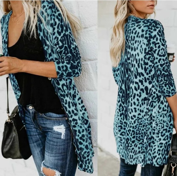 Tops - New! Blue Leopard Print Kimino Cardigan